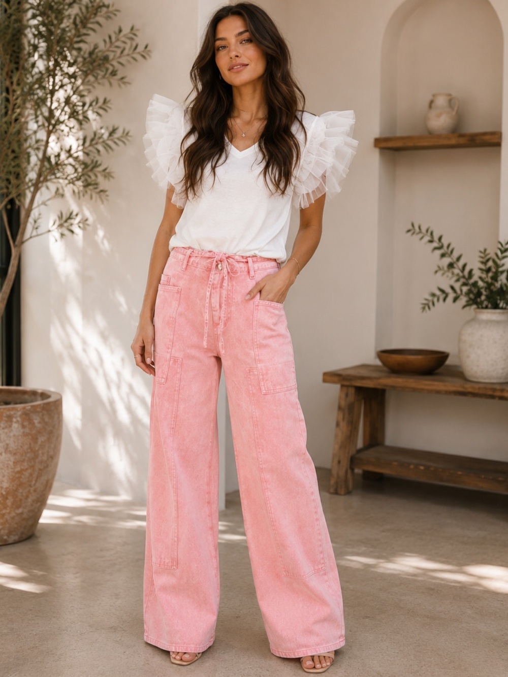 ShopEvelynne Pink Wide-Leg Utility Jeans